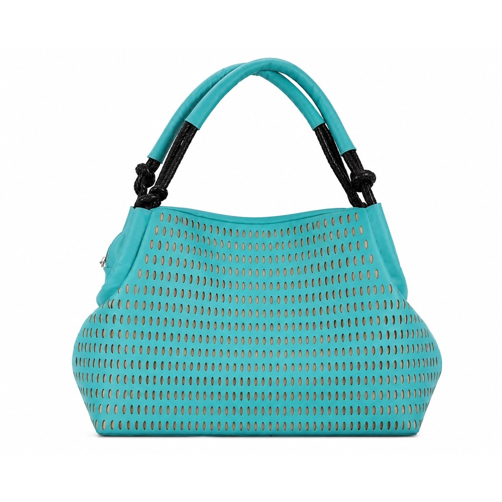 Turquoise Laser Cut Hobo Bag Braided Rope Handle Teal Shoulder Tote
